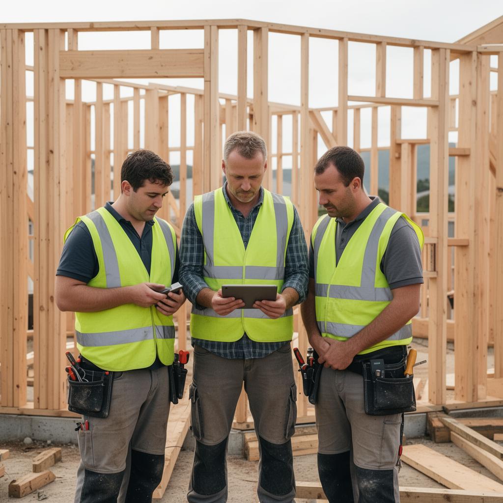 Three NZ residential builders in hi-vis vests on a timber-framed site